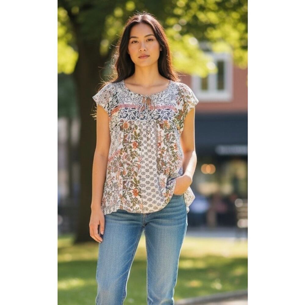 Self Contrast Floral Patchwork Peasant Top Boho Cottagecore XS NWT